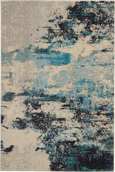 2' X 4' Ivory And Teal Blue Abstract Power Loom Non Skid Area Rug